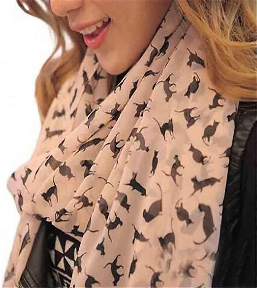 Lightweight Chiffon Printed Sweet Cartoon Cat Shawl Kitten Scarves for Women Graffiti Style Head Face Neck Hood Wrap