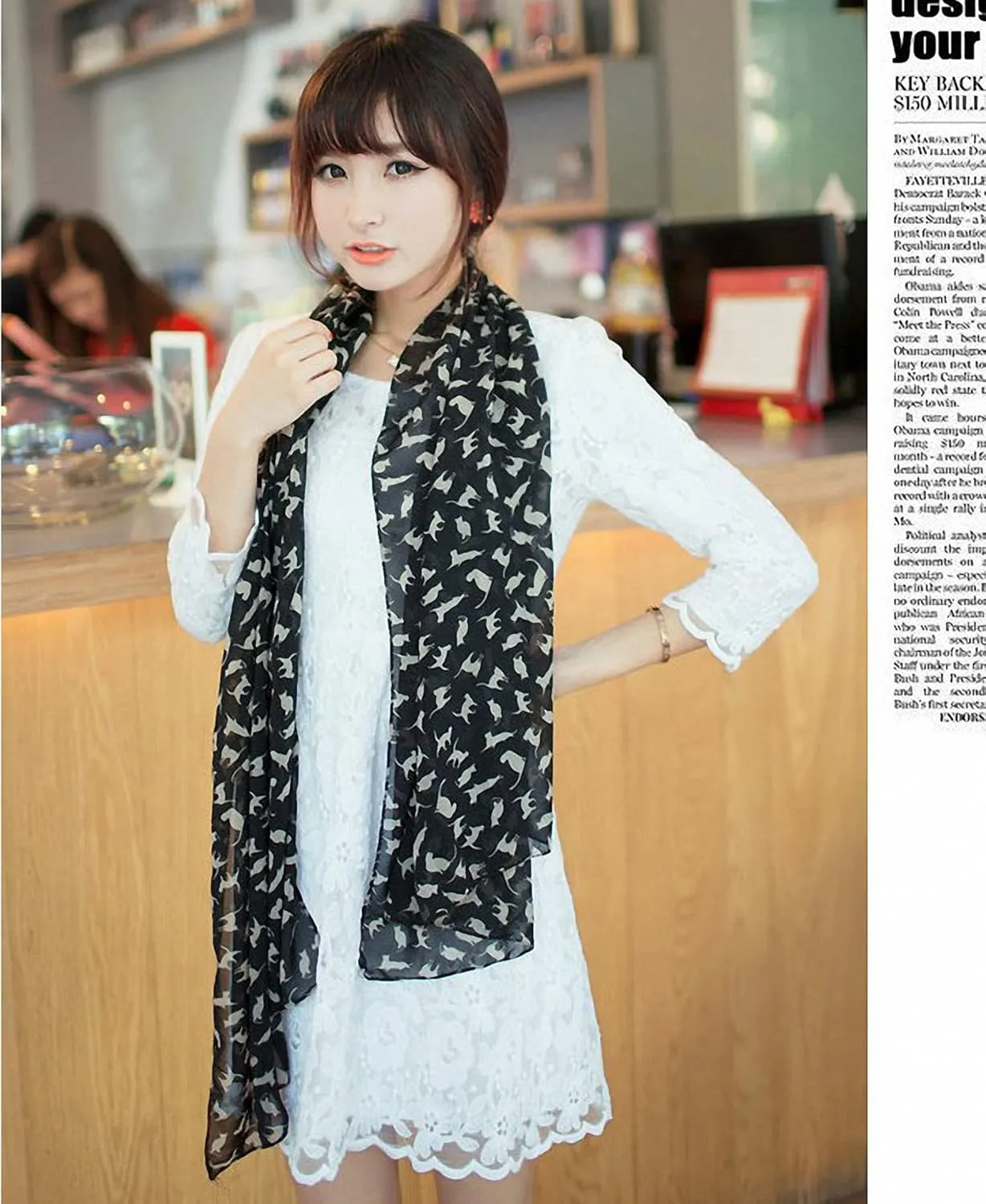 Lightweight Chiffon Printed Sweet Cartoon Cat Shawl Kitten Scarves for Women Graffiti Style Head Face Neck Hood Wrap
