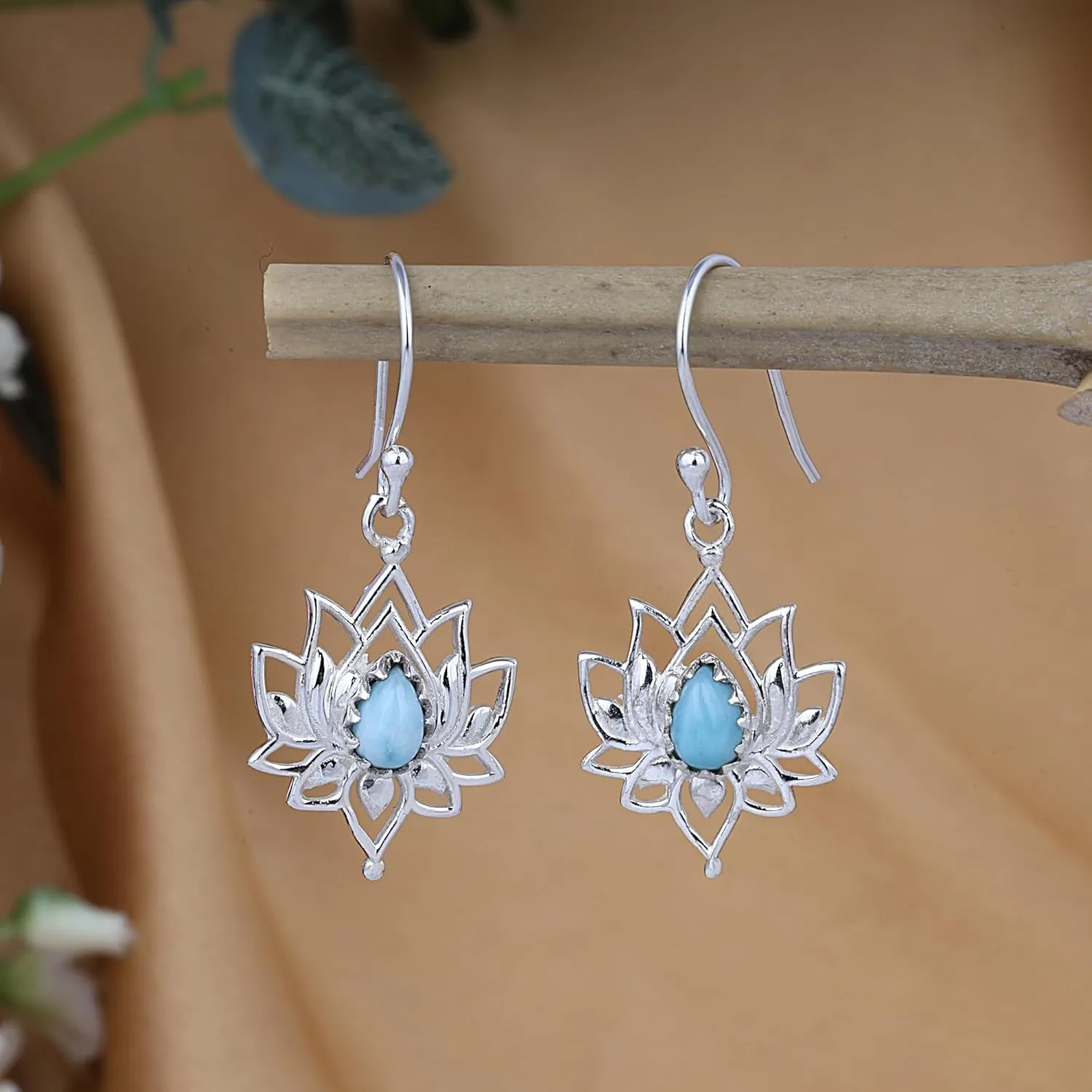 Lotus Flower Earrings Solid 925 Sterling Silver Black Onyx Labradorite Dendrite Rhodochrosite Turquoise Larimar Spinny Oyster Drop Dangle Gemstone Earrings Jewelry Gift for Women