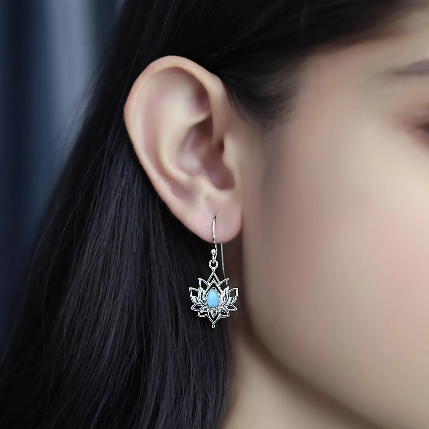 Lotus Flower Earrings Solid 925 Sterling Silver Black Onyx Labradorite Dendrite Rhodochrosite Turquoise Larimar Spinny Oyster Drop Dangle Gemstone Earrings Jewelry Gift for Women