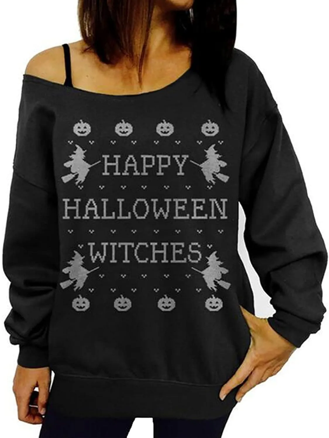 lymanchi Women Halloween Off Shoulder Sweatshirt Casual Loose Sexy Pullover Tops