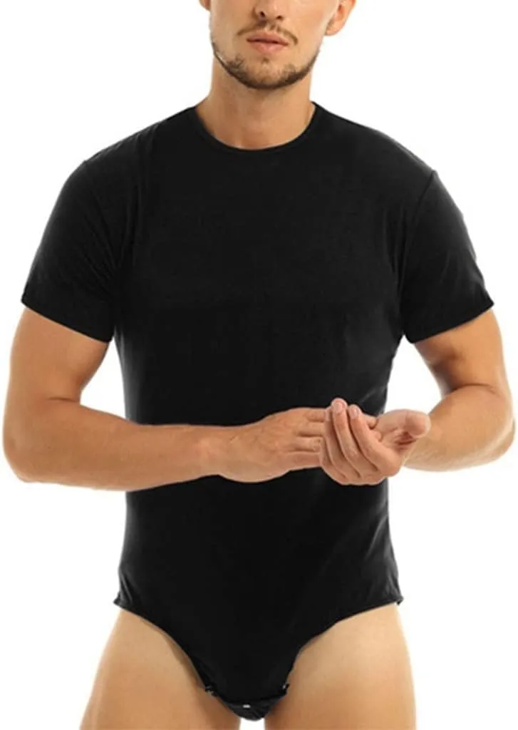 Men's Bodysuit Undershirts Press Button Crotch Shirt Leotard Top Pajamas Short Sleeve Rompers Pajamas