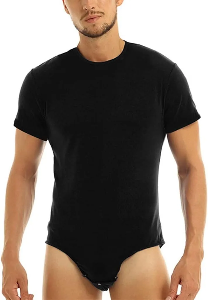 Men's Bodysuit Undershirts Press Button Crotch Shirt Leotard Top Pajamas Short Sleeve Rompers Pajamas