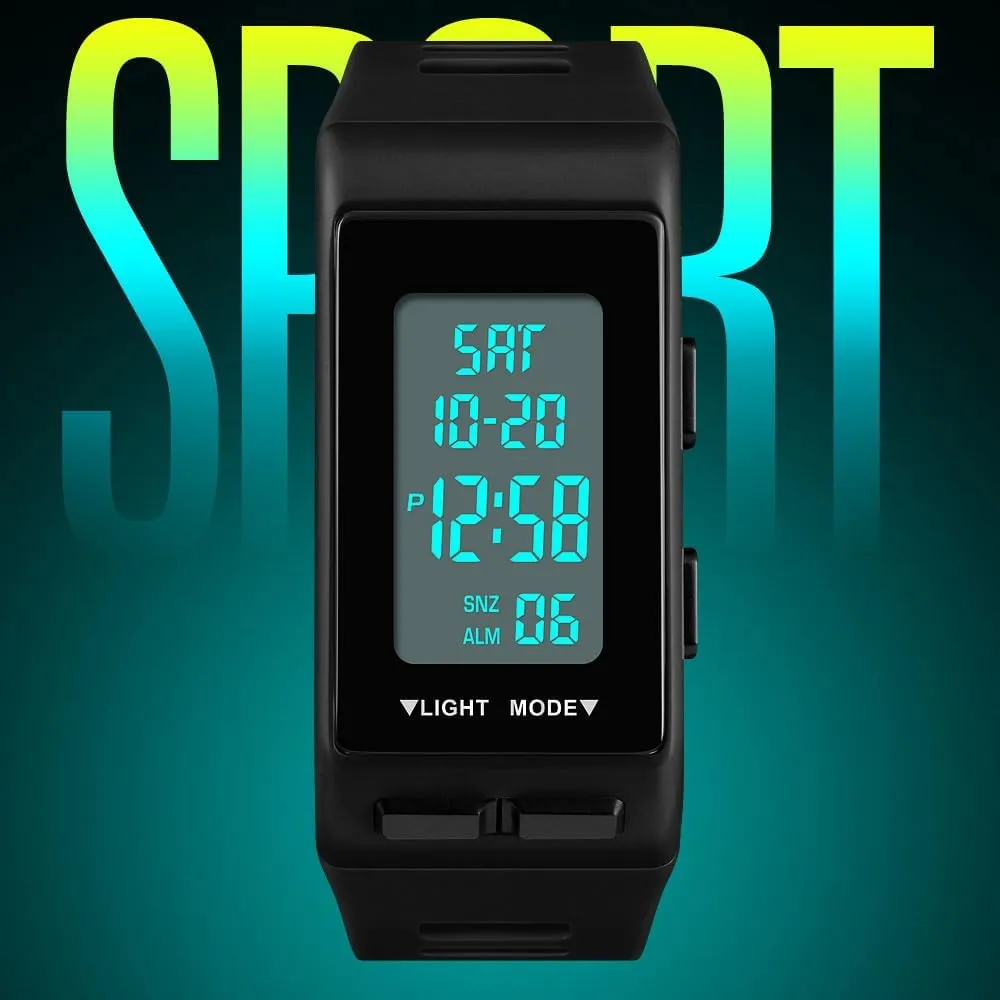 Men's Digital Sports Black Rectangular Watch Waterproof LED Screen Large Face Military Luminous Stopwatch Alarm Army Outdoor Watch