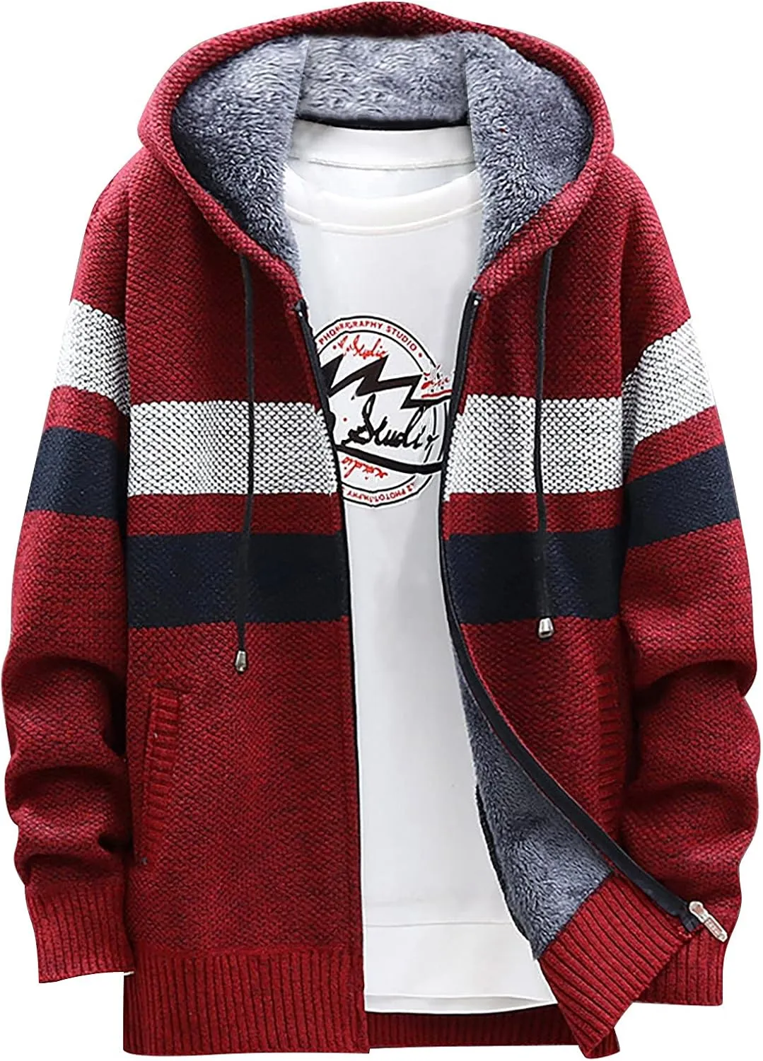 Men's Full-Zip Fleece Knitted Regular Fit Full Zip Cardigan Sweater with Soft Brushed Flannel Lining