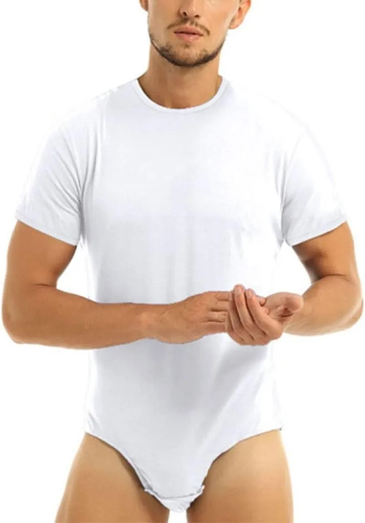 Men's One Piece Press Button Crotch Solid T-Shirt Bodysuit Short Sleeve Undershirt Press Leotard Top
