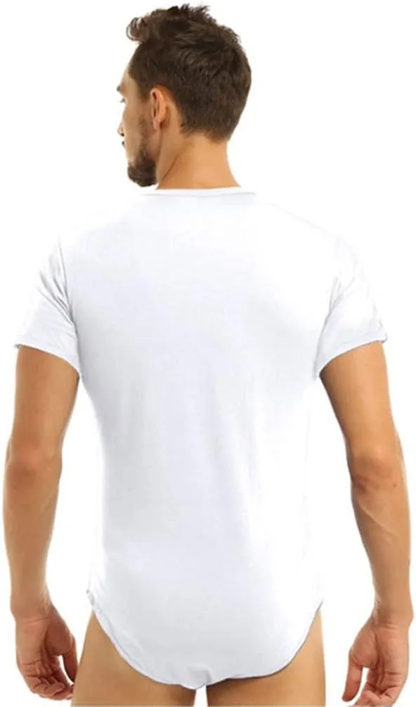 Men's One Piece Press Button Crotch Solid T-Shirt Bodysuit Short Sleeve Undershirt Press Leotard Top