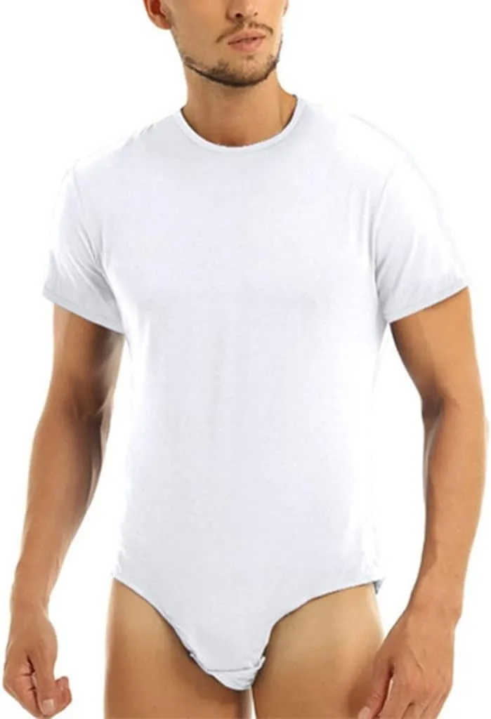 Men's One Piece Press Button Crotch Solid T-Shirt Bodysuit Short Sleeve Undershirt Press Leotard Top