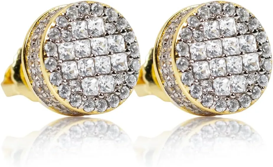 Men's Round Two Tone 14K Gold Plated 925 Sterling Silver Iced 5A Cz Cluster Square Princess Cut Setting Hip Hop Screw Back Gauges Circle Shape Stud Earrings