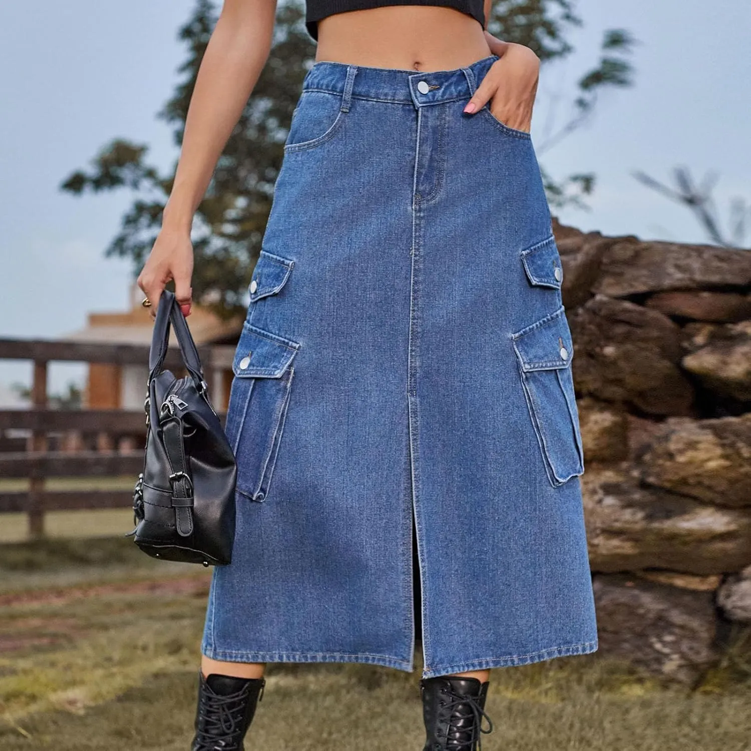 Midi Denim Skirt High Waisted Slit Casual Stretch Knee Length Jean Skirt for Womens Y2K Cargo Skirt with Pockets