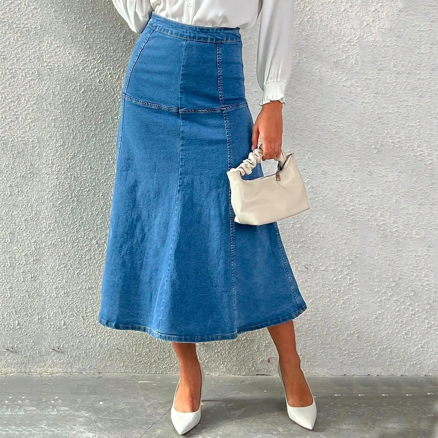 Midi Jean Skirt Women Casual High Waisted Stretchy Tiered Long Denim Skirt Summer Flowy Dressy Maxi A Line Skirt