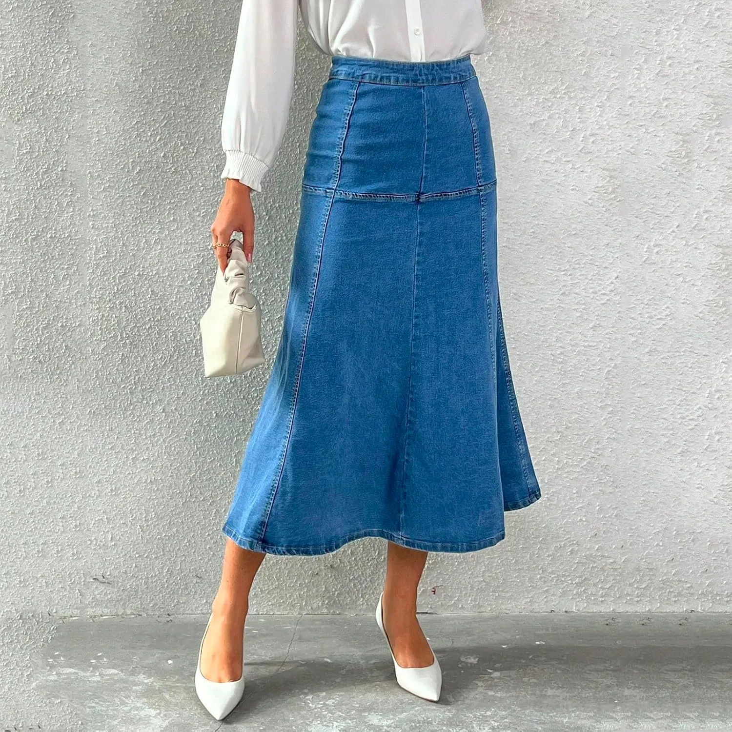 Midi Jean Skirt Women Casual High Waisted Stretchy Tiered Long Denim Skirt Summer Flowy Dressy Maxi A Line Skirt