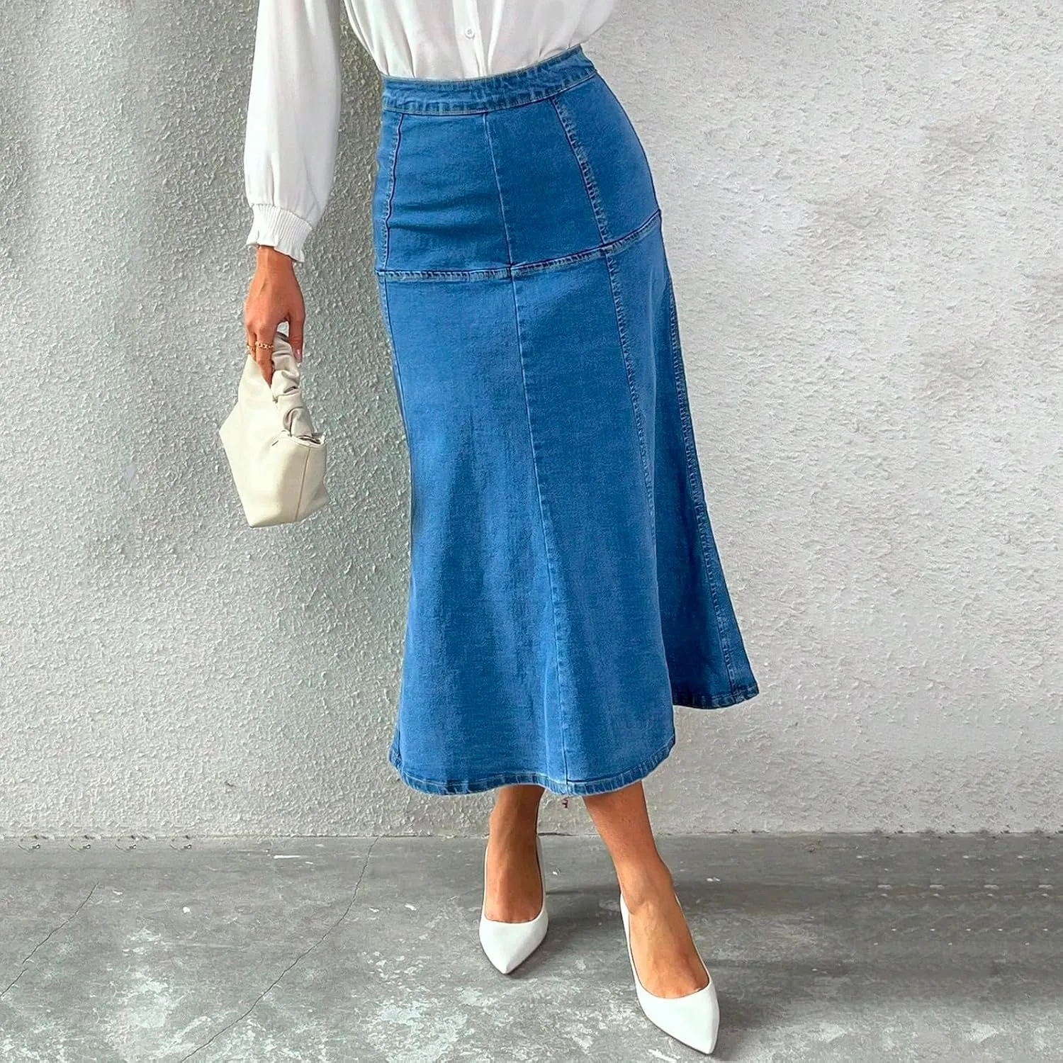 Midi Jean Skirt Women Casual High Waisted Stretchy Tiered Long Denim Skirt Summer Flowy Dressy Maxi A Line Skirt