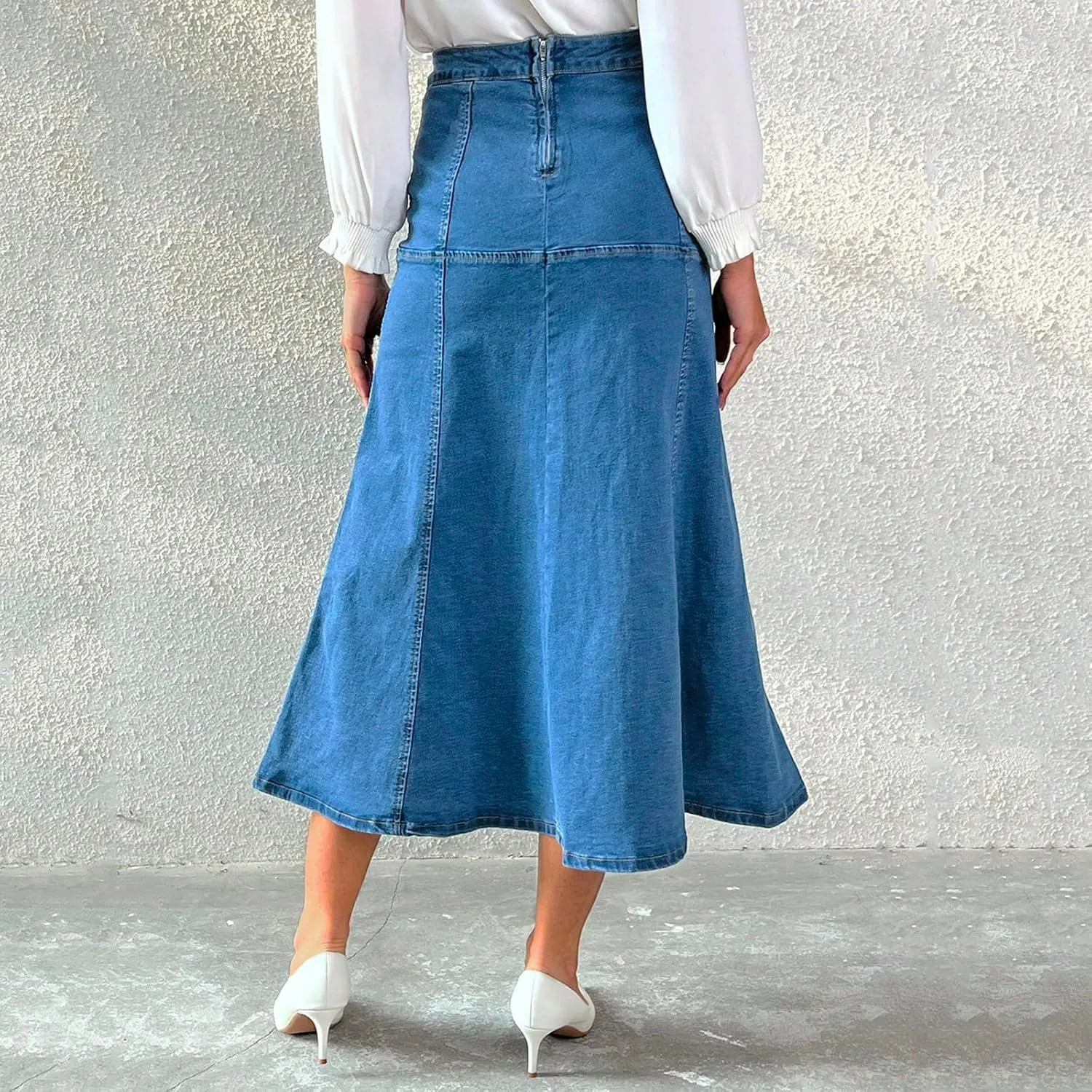 Midi Jean Skirt Women Casual High Waisted Stretchy Tiered Long Denim Skirt Summer Flowy Dressy Maxi A Line Skirt