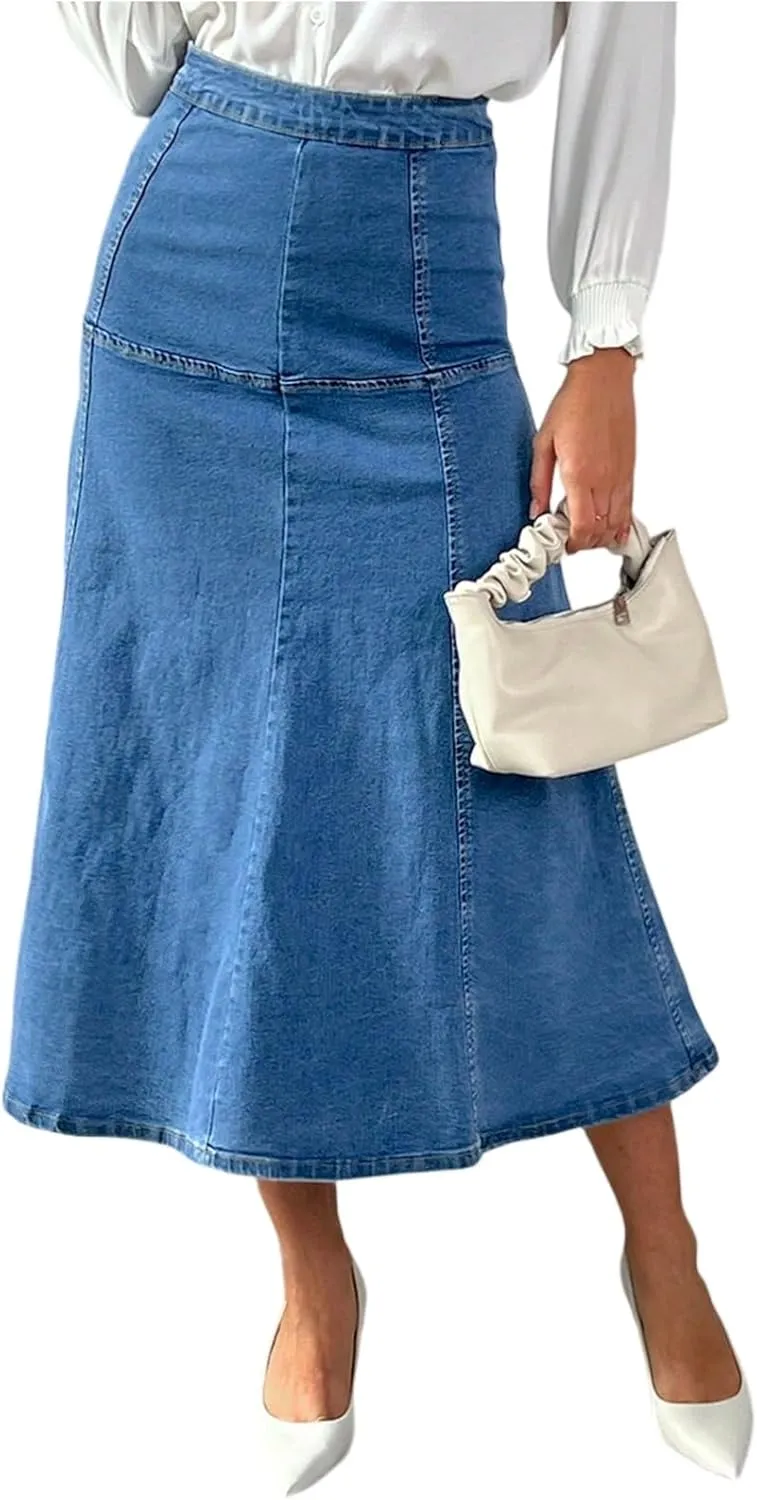 Midi Jean Skirt Women Casual High Waisted Stretchy Tiered Long Denim Skirt Summer Flowy Dressy Maxi A Line Skirt