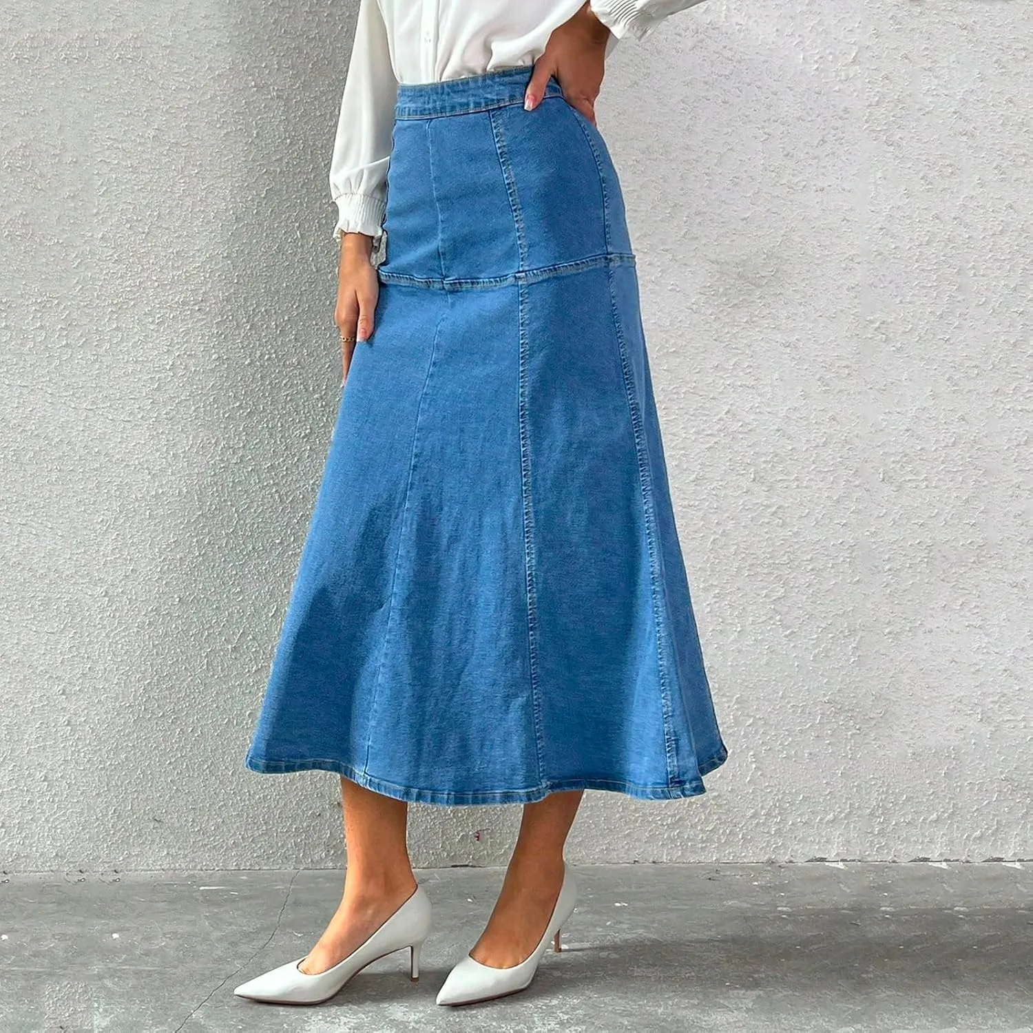 Midi Jean Skirt Women Casual High Waisted Stretchy Tiered Long Denim Skirt Summer Flowy Dressy Maxi A Line Skirt
