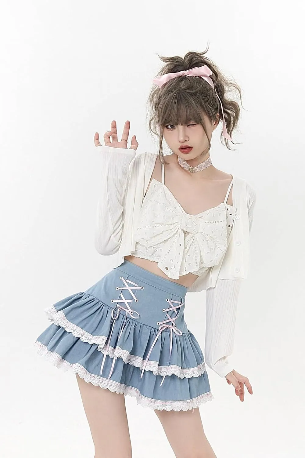 Mini Denim Skirt Women High Waisted Tiered Ruffle Skort Skirts Trendy Cute Lace Up A Line Short Jean Skirt