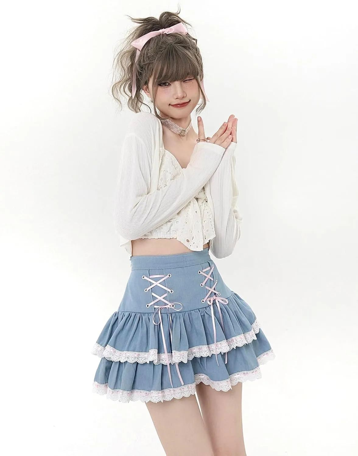 Mini Denim Skirt Women High Waisted Tiered Ruffle Skort Skirts Trendy Cute Lace Up A Line Short Jean Skirt