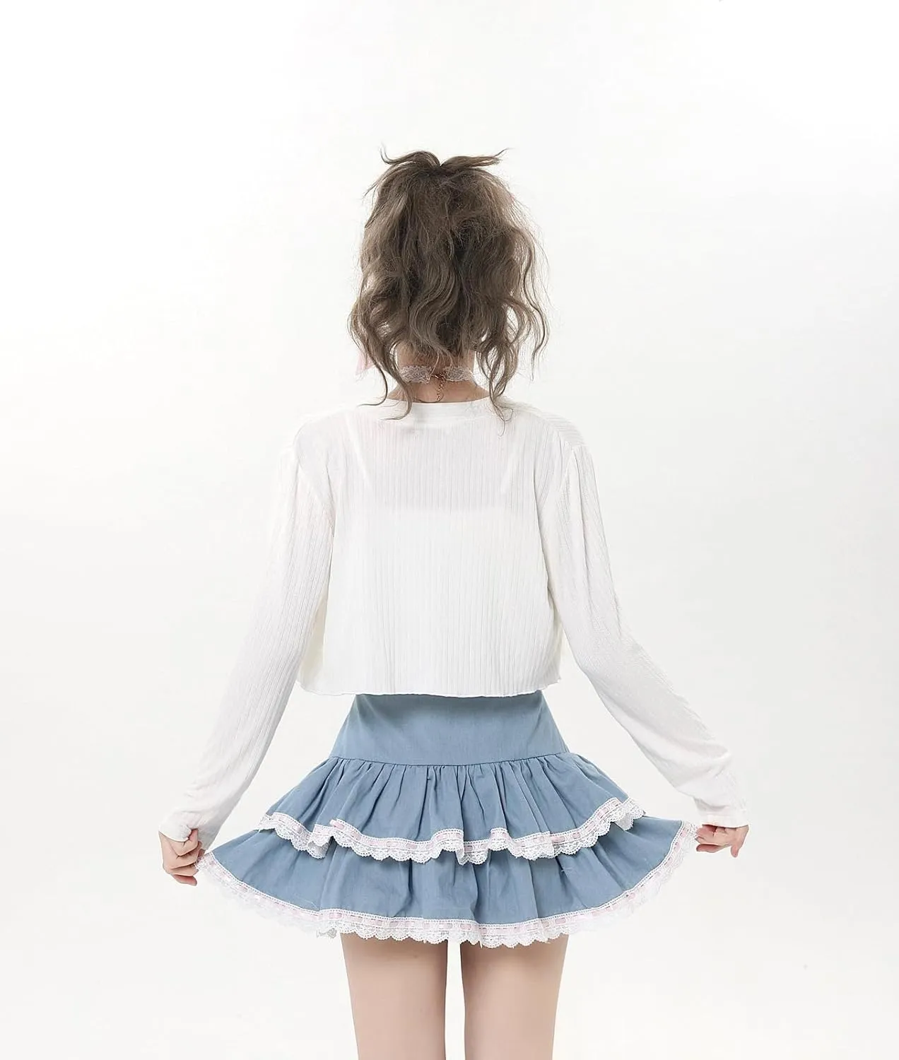 Mini Denim Skirt Women High Waisted Tiered Ruffle Skort Skirts Trendy Cute Lace Up A Line Short Jean Skirt