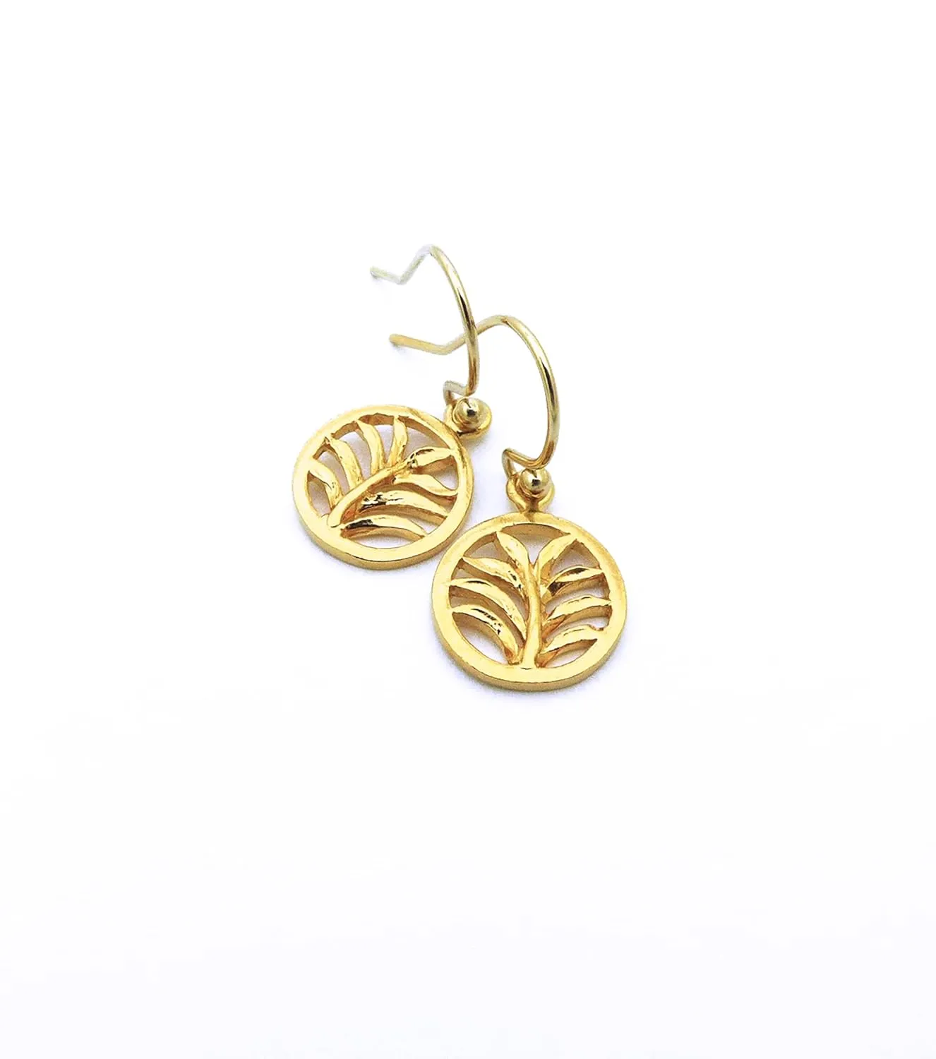 Minimalist Round Disc Botanical Leaf Dangle Earrings, 24K Gold Plated Earrings for Women