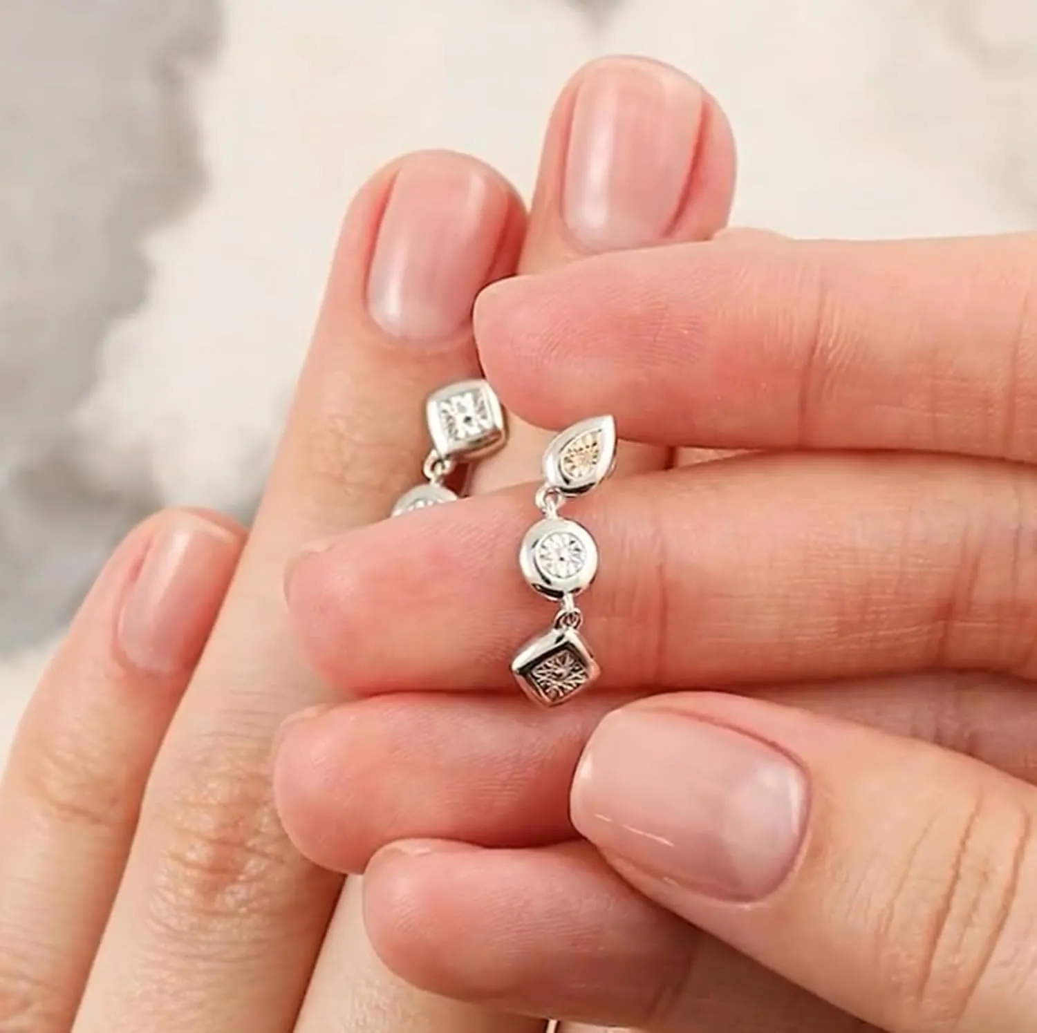 Mixed Shape Bezel Tennis Earring, 14k Gold Square & Round Frame Stud, Pear Shape Dangle Stud, Elegant Jewelry Gift for Her.