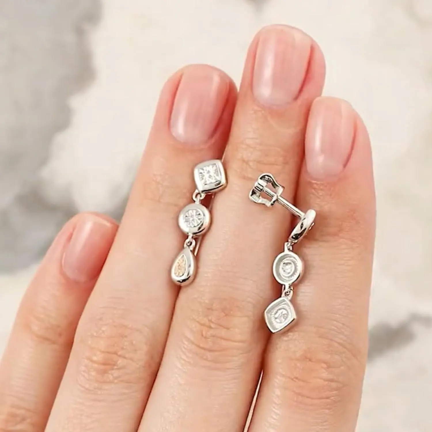 Mixed Shape Bezel Tennis Earring, 14k Gold Square & Round Frame Stud, Pear Shape Dangle Stud, Elegant Jewelry Gift for Her.