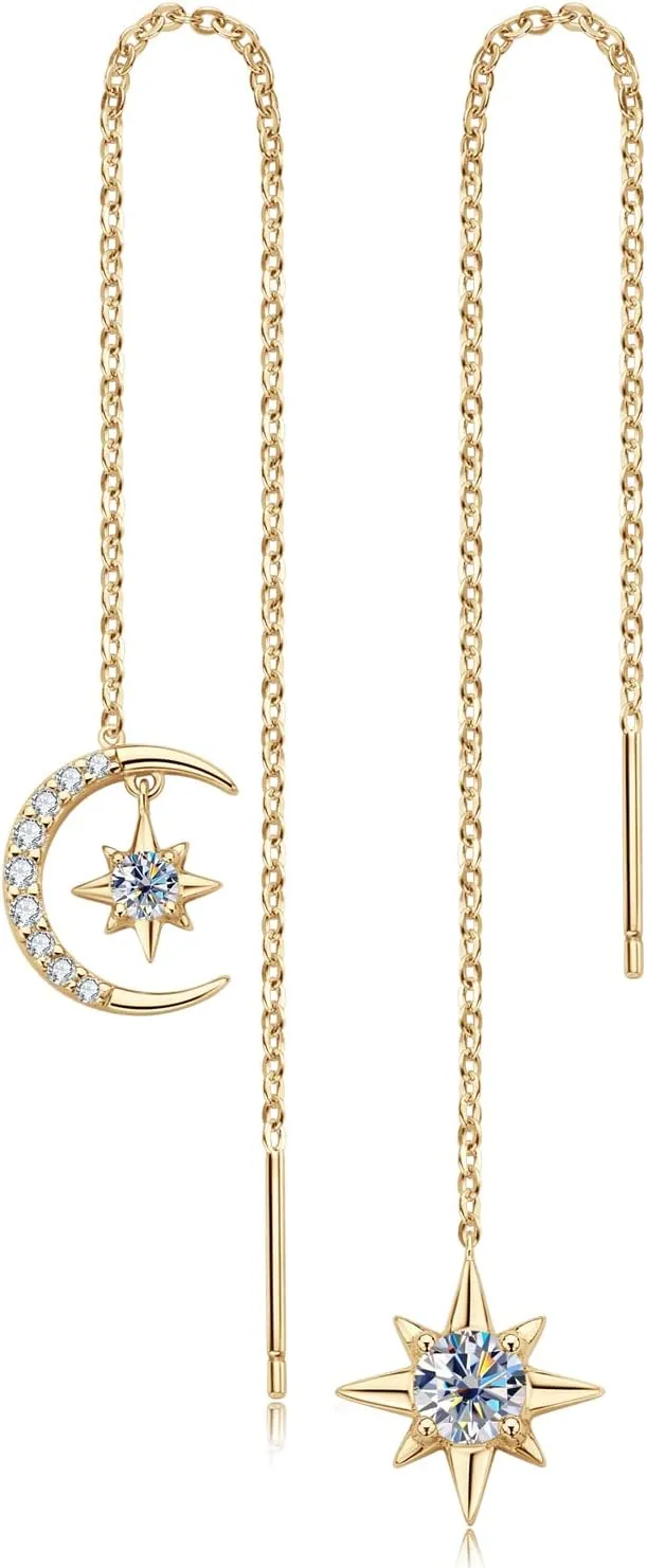 Moissanite Threader Earrings, Princess Round Cut 0.8-4CT D-E Color Moissanite, 18K Gold Plated 925 Sterling Silver, Hypoallergenic, Jewelry Box Packed, Gifts for Her