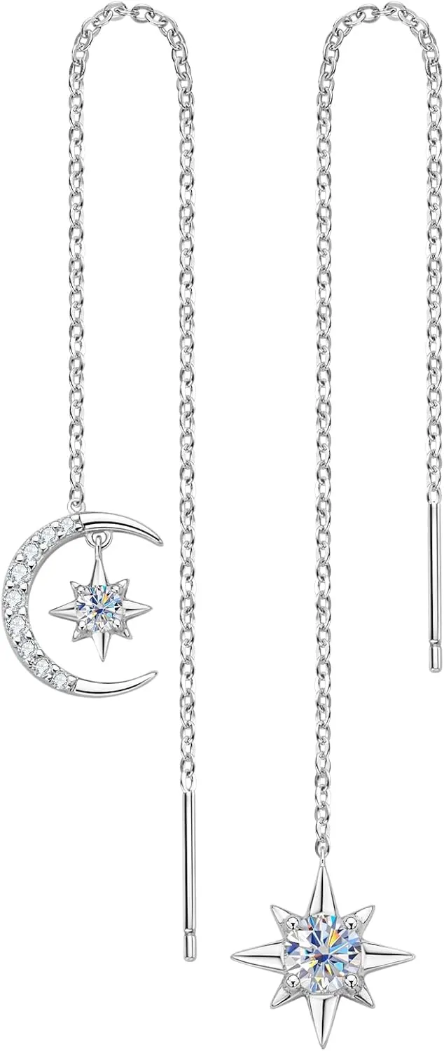 Moissanite Threader Earrings, Princess Round Cut 0.8-4CT D-E Color Moissanite, 18K Gold Plated 925 Sterling Silver, Hypoallergenic, Jewelry Box Packed, Gifts for Her