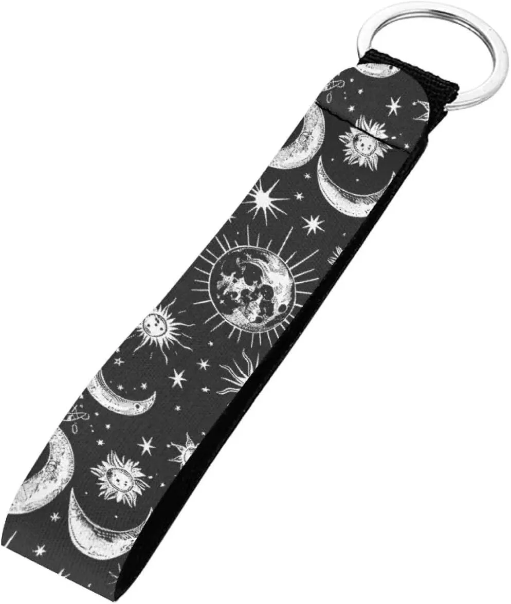 Moon Sun Printed Wristlet Lanyard Keychain, Women Men Long Hand Wristlet Keychain Strap, Wrist Lanyard Key Chain Lanyard for Car Keys, Wallets, and ID Badge Wallet Card Holder