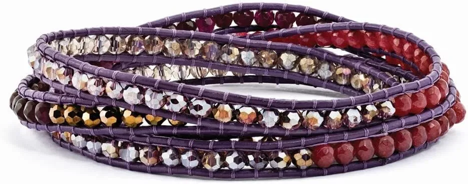 Multi Crystal and Multi Quartz Leather Multi-wrap Bracelet