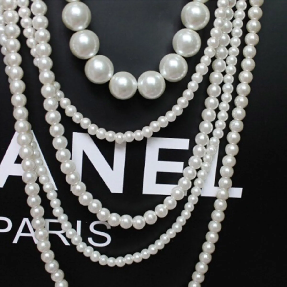 Multilayer Strand Chain Faux Pearls Flapper Beads Cluster Long Choker Necklace