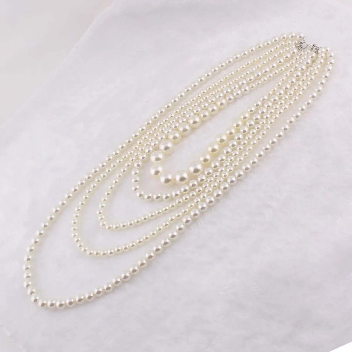Multilayer Strand Chain Faux Pearls Flapper Beads Cluster Long Choker Necklace