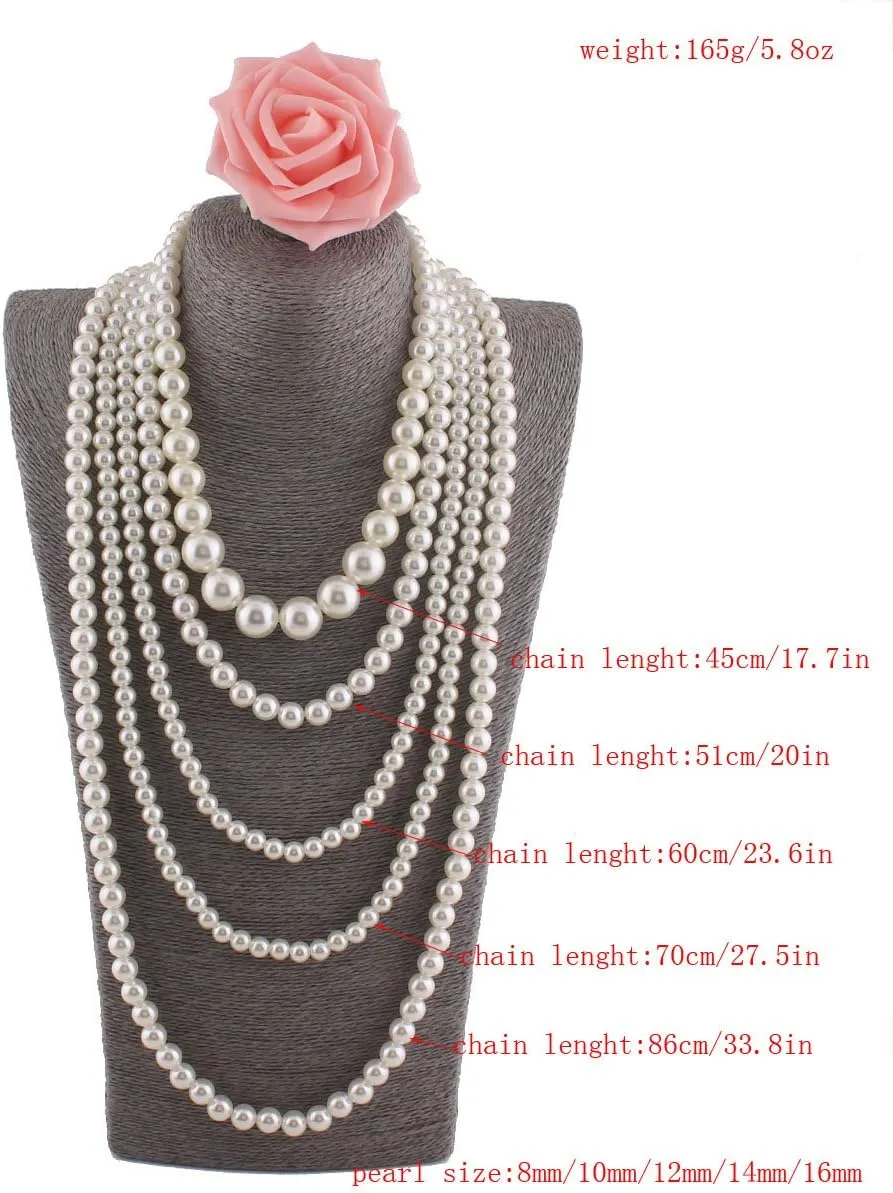 Multilayer Strand Chain Faux Pearls Flapper Beads Cluster Long Choker Necklace
