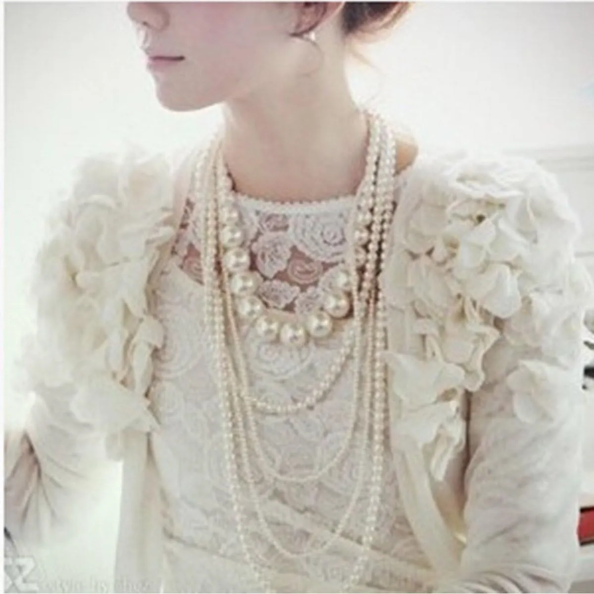 Multilayer Strand Chain Faux Pearls Flapper Beads Cluster Long Choker Necklace