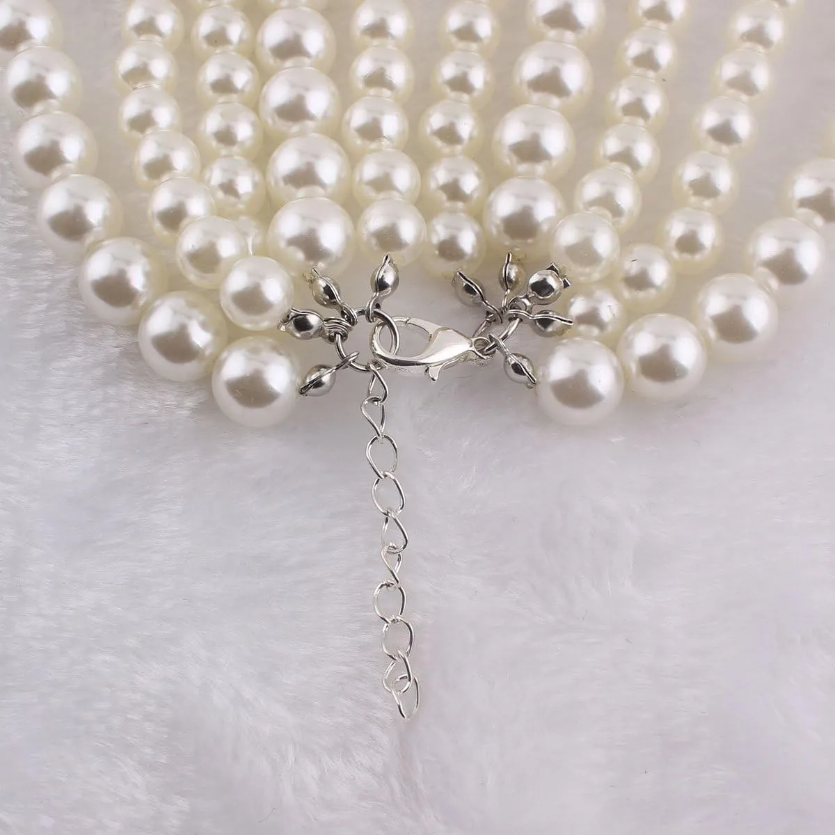Multilayer Strand Chain Faux Pearls Flapper Beads Cluster Long Choker Necklace