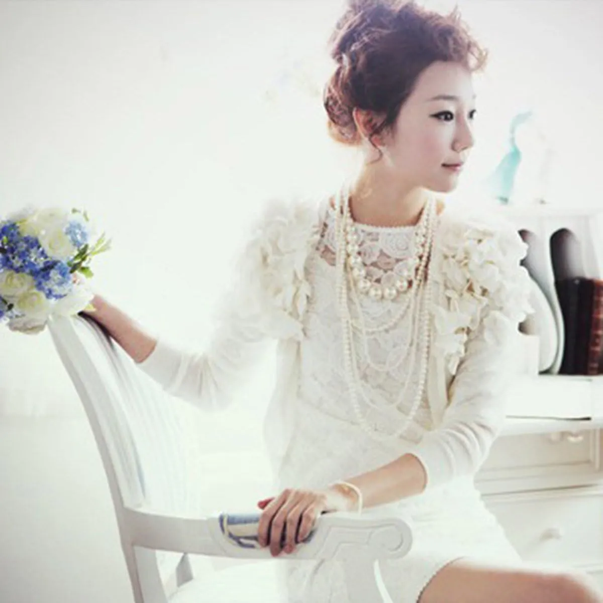 Multilayer Strand Chain Faux Pearls Flapper Beads Cluster Long Choker Necklace