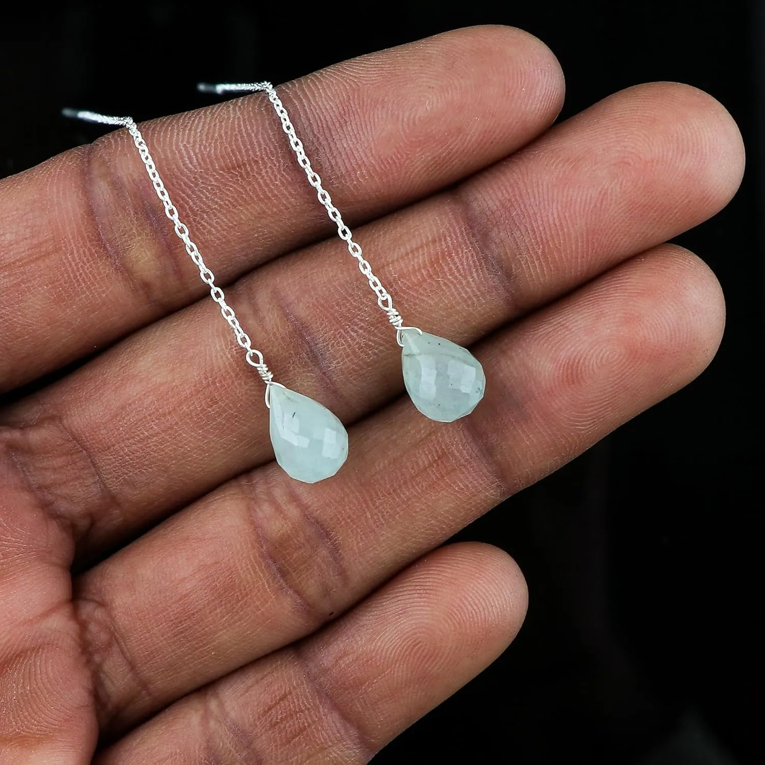 Natural Aquamarine Earrings, Dainty Threader Pair, Natural Gemstone Beads, Birthstone Crystal, Gift for Women, Jewelry in Silver Plated, Valentine Day Gift (Aquamarine Drop)