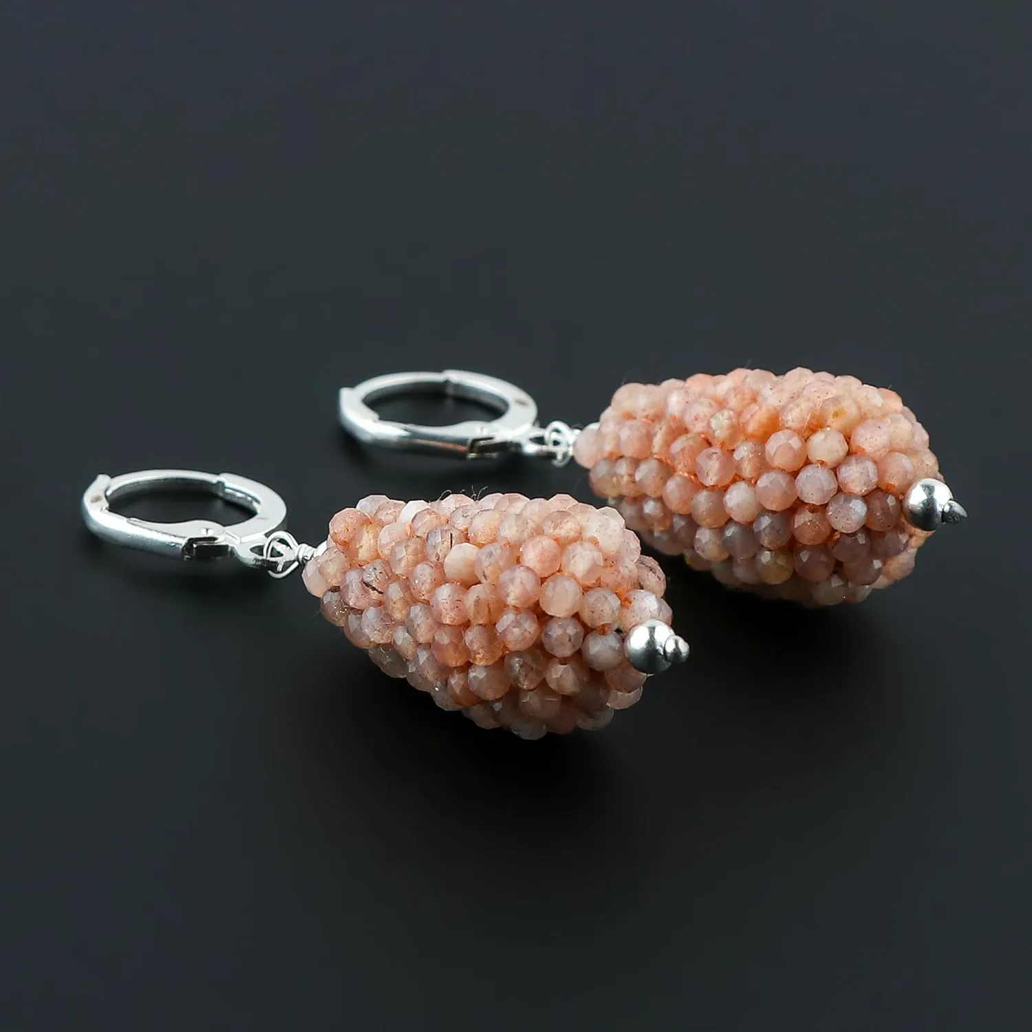 Natural Peach Moonstone Gemstone Hoop Earrings | Handmade Crochet Silver Jewelry | Microfaceted Beaded Boho Earrings | Chakra Healing Crystal | Minimalist Stone Earrings | Gift for Her