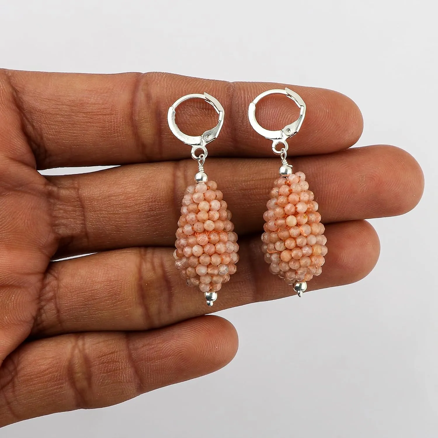 Natural Peach Moonstone Gemstone Hoop Earrings | Handmade Crochet Silver Jewelry | Microfaceted Beaded Boho Earrings | Chakra Healing Crystal | Minimalist Stone Earrings | Gift for Her
