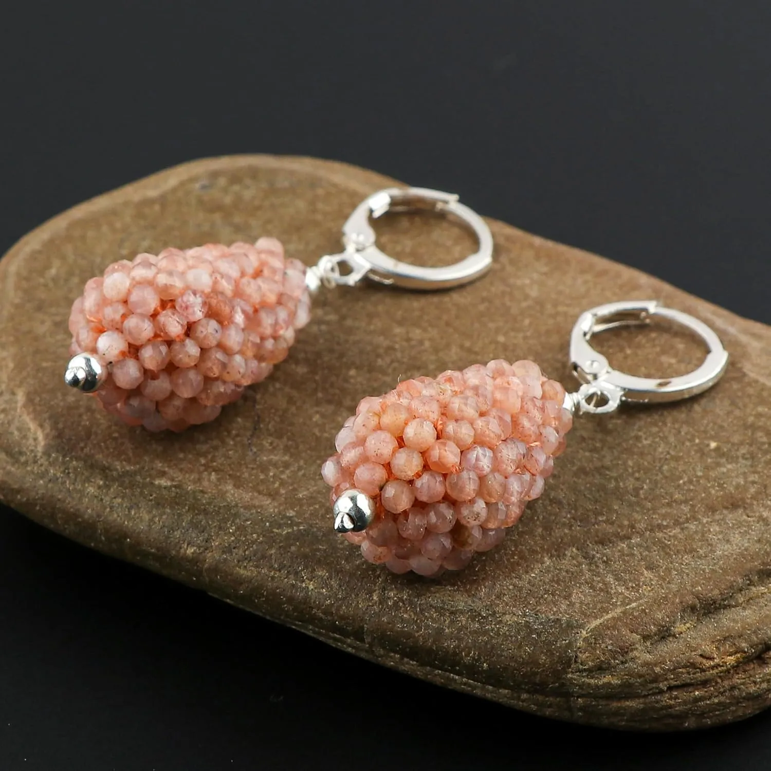 Natural Peach Moonstone Gemstone Hoop Earrings | Handmade Crochet Silver Jewelry | Microfaceted Beaded Boho Earrings | Chakra Healing Crystal | Minimalist Stone Earrings | Gift for Her
