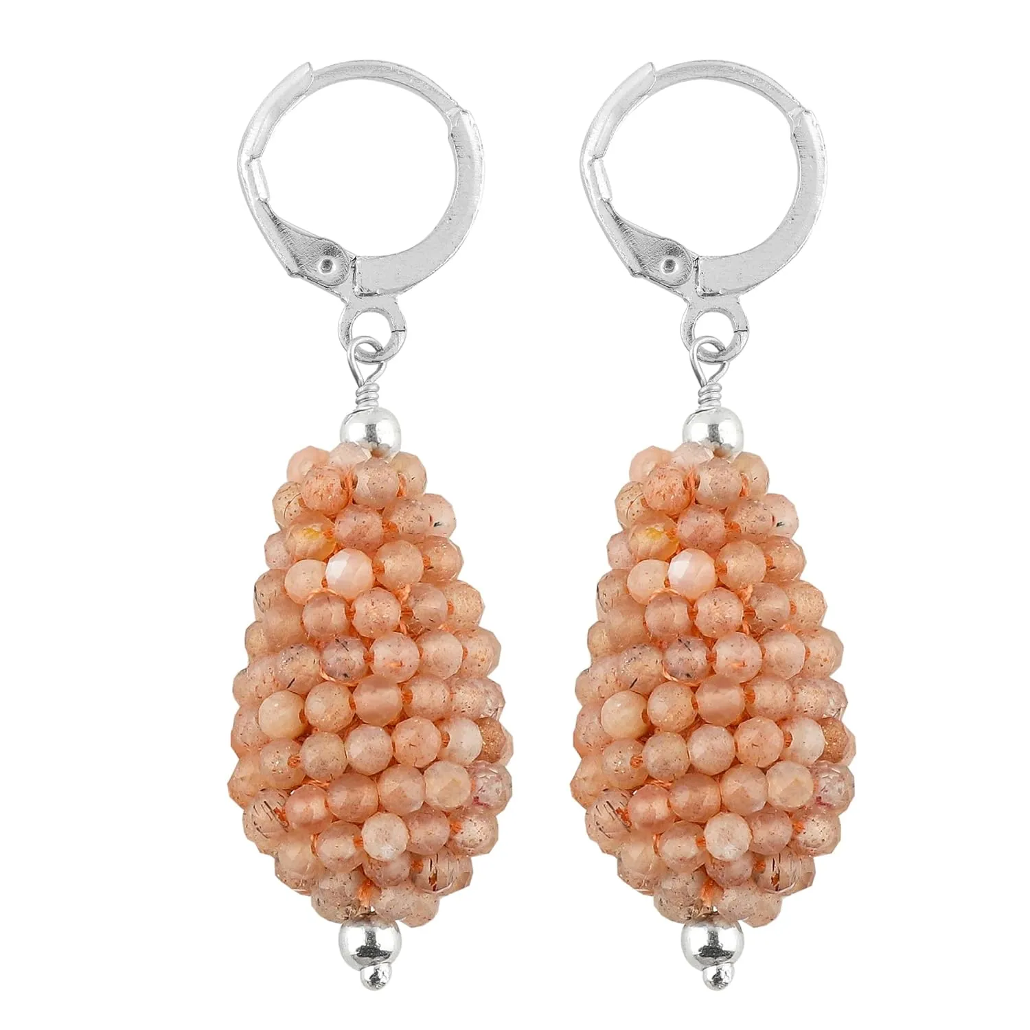 Natural Peach Moonstone Gemstone Hoop Earrings | Handmade Crochet Silver Jewelry | Microfaceted Beaded Boho Earrings | Chakra Healing Crystal | Minimalist Stone Earrings | Gift for Her