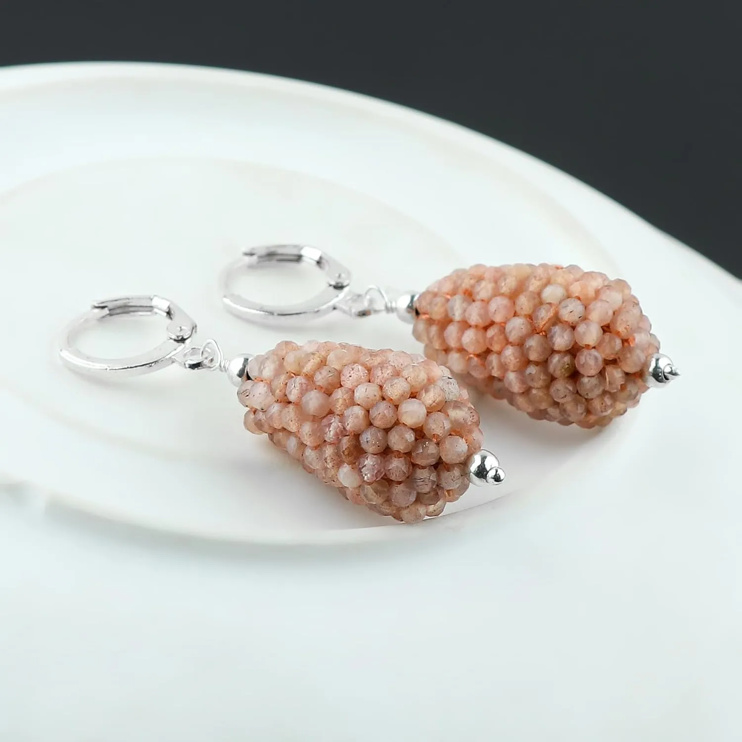 Natural Peach Moonstone Gemstone Hoop Earrings | Handmade Crochet Silver Jewelry | Microfaceted Beaded Boho Earrings | Chakra Healing Crystal | Minimalist Stone Earrings | Gift for Her