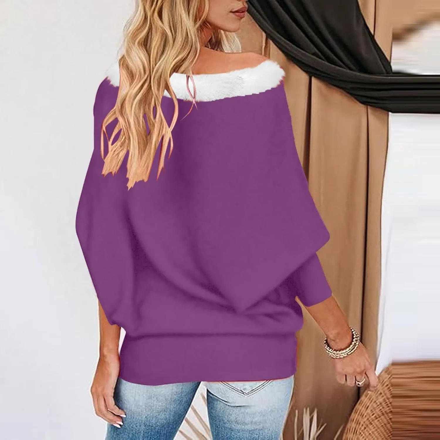 Off Shoulder Christmas Sweater for Women Sexy Faux Fur Trim Tunics Asymmetrical Pullover Oversized Batwing Sweaters