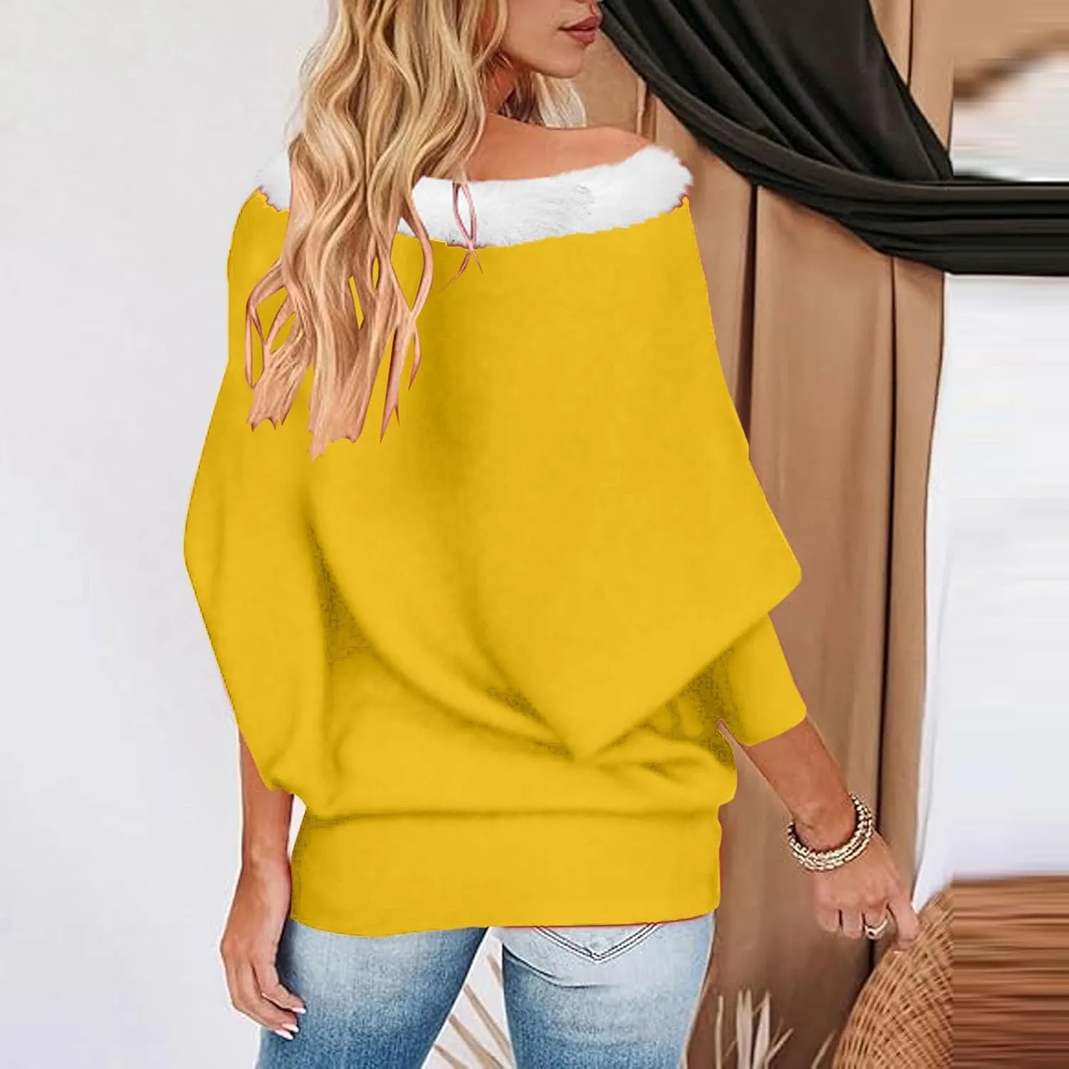 Off Shoulder Christmas Sweater for Women Sexy Faux Fur Trim Tunics Asymmetrical Pullover Oversized Batwing Sweaters
