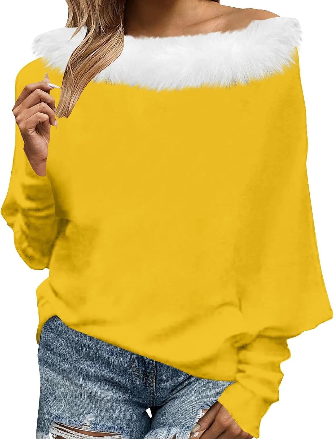 Off Shoulder Christmas Sweater for Women Sexy Faux Fur Trim Tunics Asymmetrical Pullover Oversized Batwing Sweaters