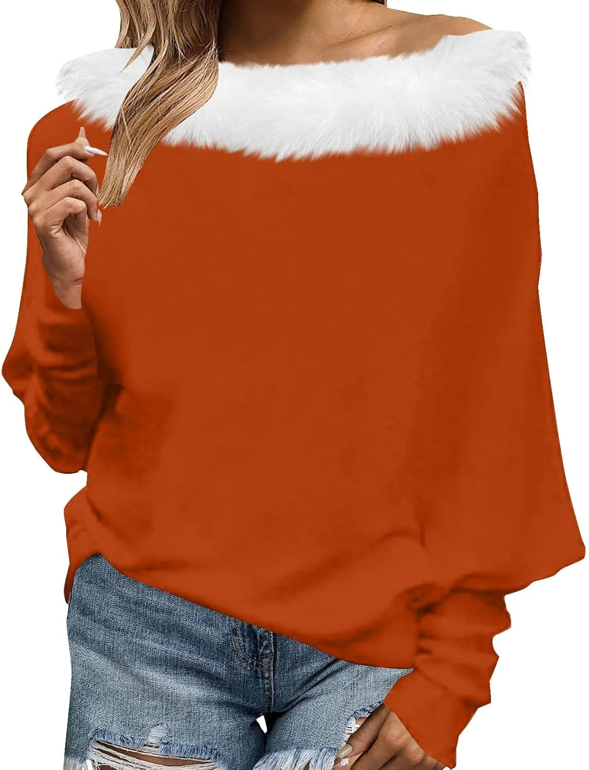 Off Shoulder Christmas Sweater for Women Sexy Faux Fur Trim Tunics Asymmetrical Pullover Oversized Batwing Sweaters