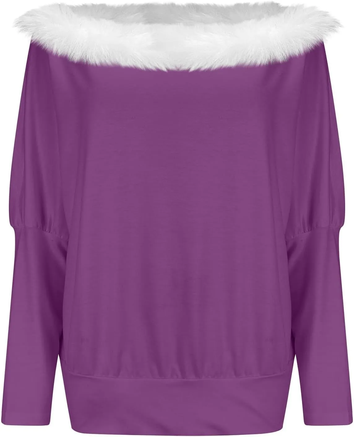 Off Shoulder Christmas Sweater for Women Sexy Faux Fur Trim Tunics Asymmetrical Pullover Oversized Batwing Sweaters