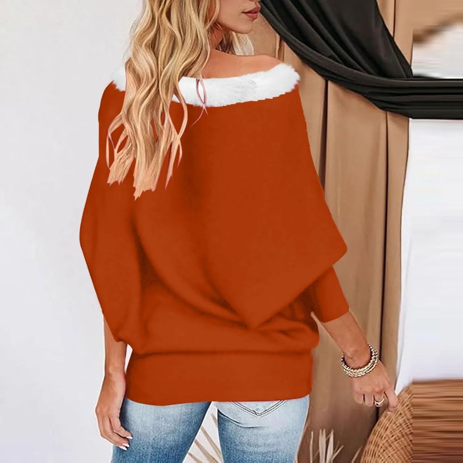 Off Shoulder Christmas Sweater for Women Sexy Faux Fur Trim Tunics Asymmetrical Pullover Oversized Batwing Sweaters
