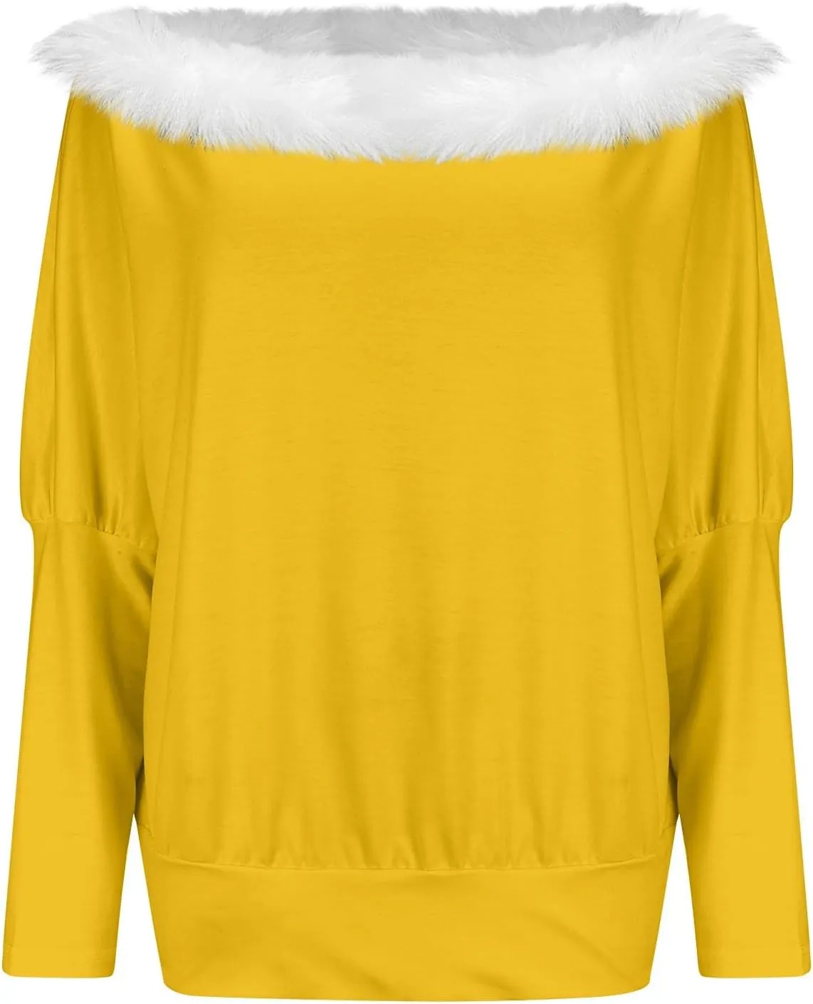 Off Shoulder Christmas Sweater for Women Sexy Faux Fur Trim Tunics Asymmetrical Pullover Oversized Batwing Sweaters