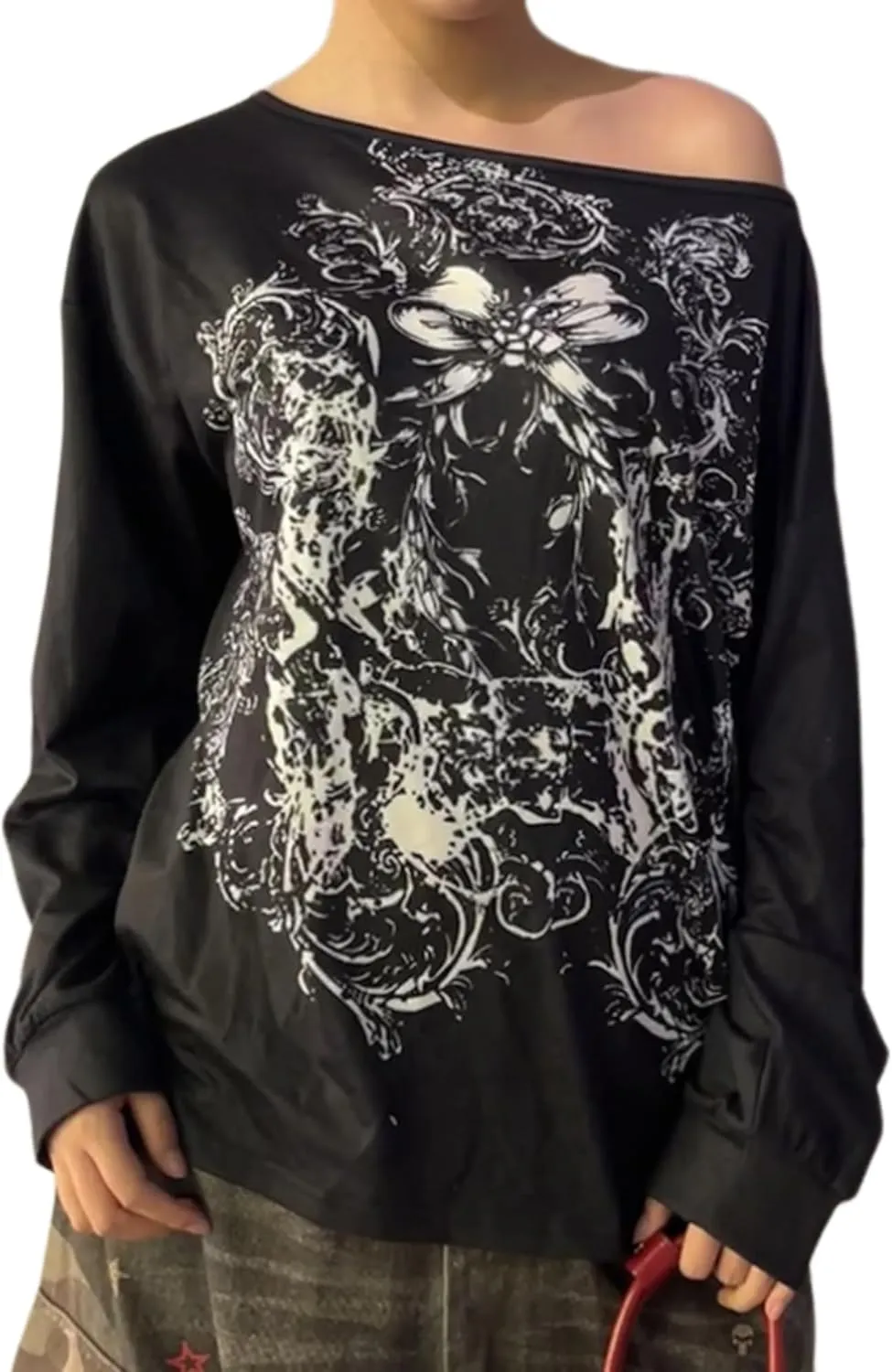 Off Shoulder Y2k Long Sleeve Tops Oversized Graphic Tees Grunge Top 2000s Streetwear Vintage Clothes